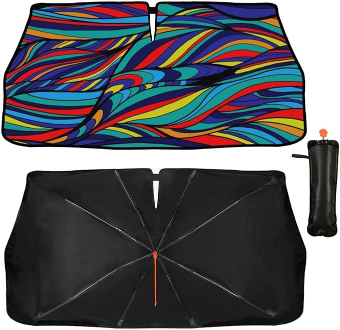 Neon Wave Print Car Sunshade Umbrella Colorful Neon Windshield Sun Shade for Car Retractable Umbrella Sunshades for Front Window Sun Shades Cover Visor Portector Block UV Ray by Unknown