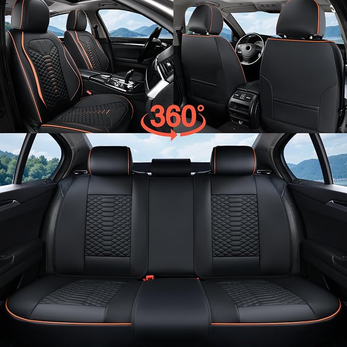 Coverado Leather Seat Covers, Car Seat Covers Full Set, Nappa Leather Seat Covers for Cars, Car Seat Protectors Waterproof, 5 Seats Black&Orange Automotive Seat Covers Fit for Most Cars Trucks - Image 6