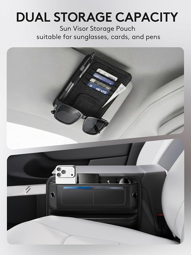 2 Pack Car Seat Gap Filler Organizer with Sun Visor Organizer | PU Leather Seat Gap Filler for Phone, Keys, Cards & Sunglasses, Front Seat Storage Side Pocket for Cars SUVs Trucks - Image 2