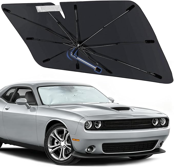 Windshield Sun Shade for Dodge Challenger 2008-2023, Custom Fit Foldable Umbrella Sunshade with 360° Rotating Shaft, UV Protection Heat Shield Sun Blocker Heat Reflector, Easy Storage Car Sun Shield by Visufy