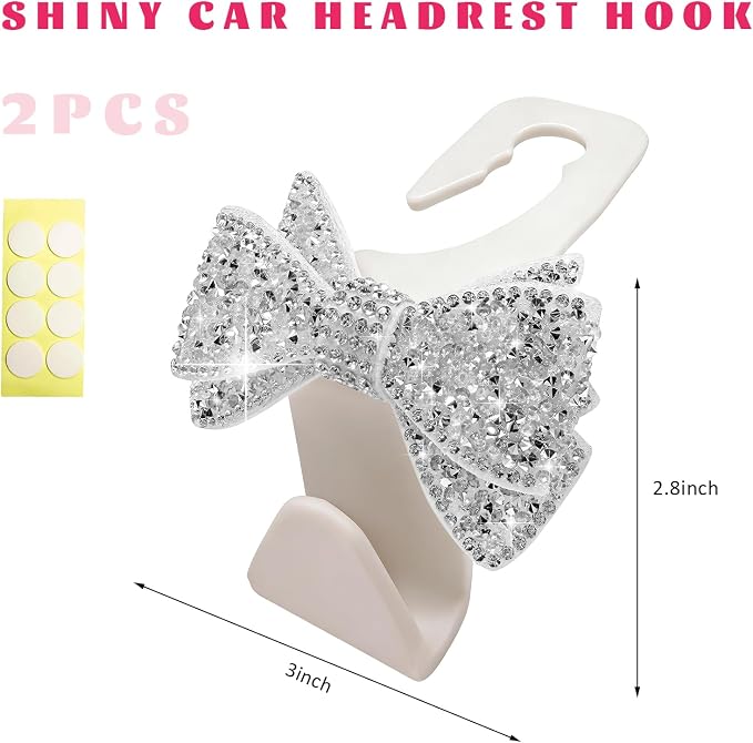 2 PCS Bling Car Headreat Hook, Crystal Rhinestone Bow Hanger Multifunctional Rear Seats Storage Organizer, Vehicle Sparkling Diamond Seat Headrest Hooks for Handbag Purse Coat (White) - Image 2