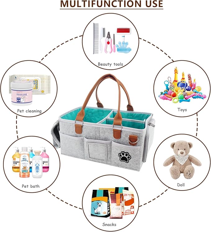 Felt Dog Grooming Bag,Portable Tote Bag for Dogs Cats,Dog Storage Organizer for Grooming Tool Kit,3 Compartments Pet Stuff Oganizers with 8 Pockets-Grey - Image 6