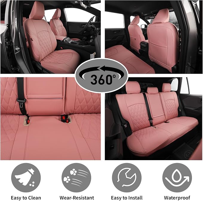 EKR Rav4 Seat Covers Custom Fit for Toyota Rav4 LE(NOT for Hybrid) 2013 2014 2015 2016 2017 2018,Leather Car Pink Seat Cover for Women SUV Full Set,Faux Leather(Pink) - Image 3