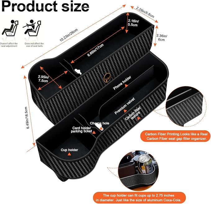 Car Seat Gap Filler Organizer, 2 Pack Multifunctional Auto Console Side Storage Box with Cup Holders 2 Seat Hooks for Drink, Car Organizer Front Seat for Holding Phone, Sunglasses - Image 5
