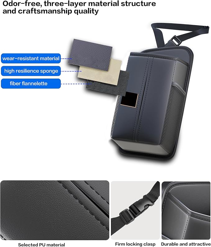 Car Tissue Holder for Front Seat | Wide Refill Opening, 2 Side Mesh Pockets for Phones & Cards, Fits 150 Tissues, Durable PU Leather car seat organizer - Image 4