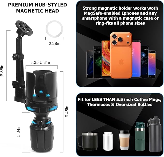 Frani Car Cup Holder Expander with Magnetic Phone Mount | Adjustable Insert Fits 2.68-4.33" Holders, 360° Adjustable Neck, Strong N52 Magnets, iPhone Samsung Compatible - Image 3