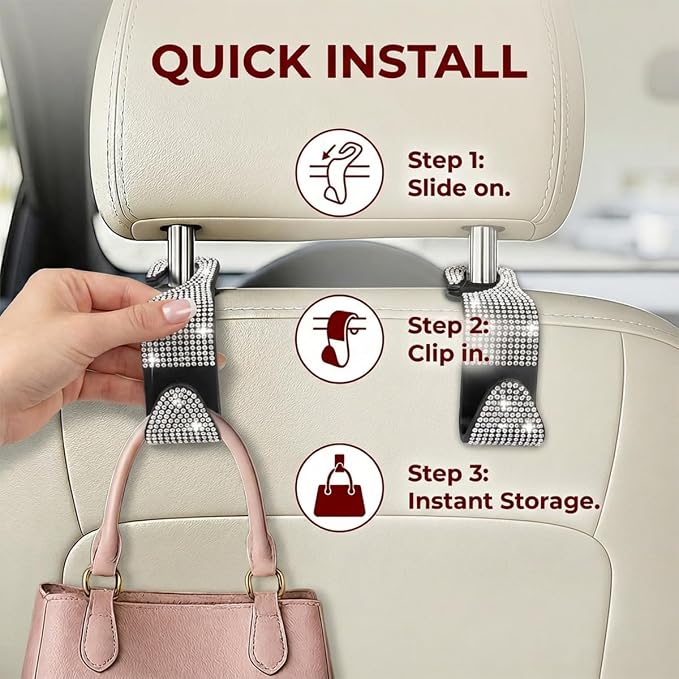 4PCS Bling Car Seat Headrest Hooks, Crystal Rhinestone Vehicle Back Seat Hanger Holder, Auto Interior Headrest Hanging Storage Organizer for Purse Handbag Coat, Universal Fit (Orange) - Image 4