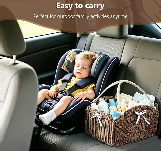 Diaper Caddy Foldable Collapsible Storage Basket Textured Woven Nursery Organizer with Removable Divider Portable for Changing Table Car Travel Baby Registry Essentials (Brown) - Image 9