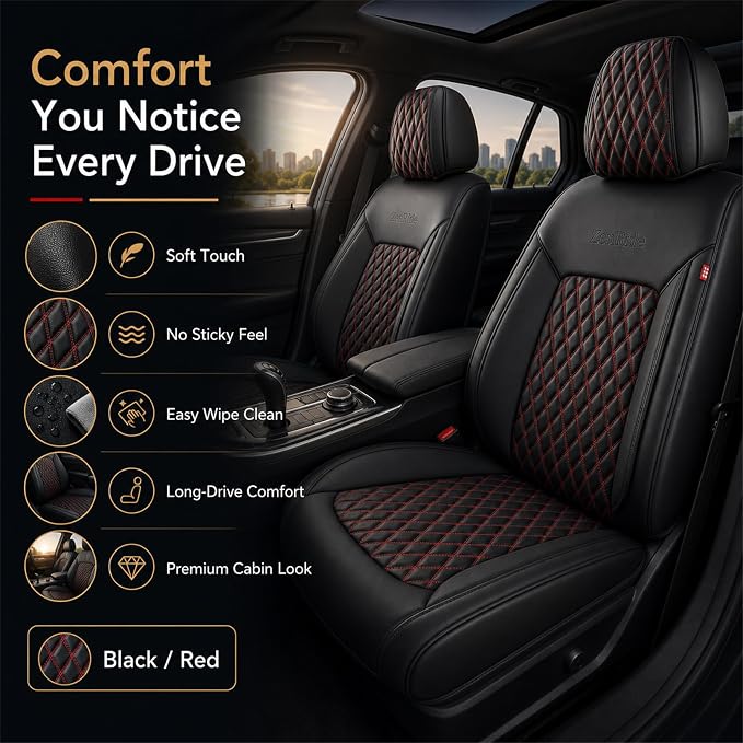 Red and Black Thick Nappa Leather Automotive Car Seat Covers Full Set | Univerasal Fit,3D Contoured,Waterproof,ThickTexture Nappa Leather,for most Suvs Trucks Sedans - Image 6