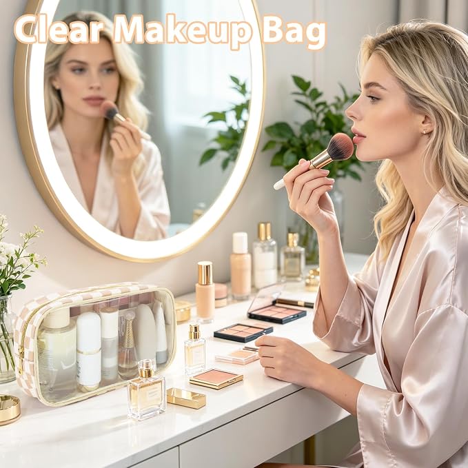 Fammart Clear Travel Makeup Bag for Women, TSA Approved Checkered Cosmetic Bag Make Up Car Organizer Case with Zipper, Large Waterproof Pouch Purse Toiletry Bag for Skincare, Brushes Travel Essentials - Image 5