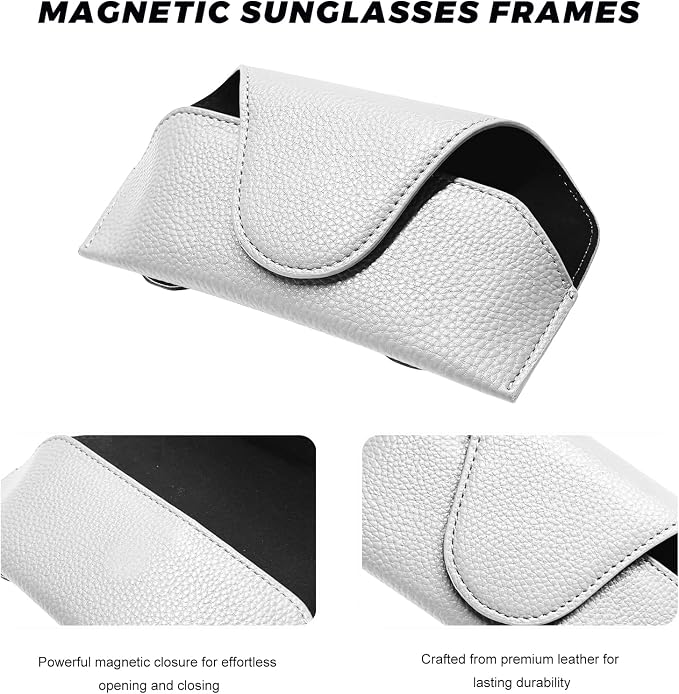 Sunglass Holder for Car Visor, Magnetic Auto Sun Visor Eyeglass Organizer with Dual Back Clips, Leather Glasses Protective Storage Case Universal for Most Vehicles Visors (White) - Image 3