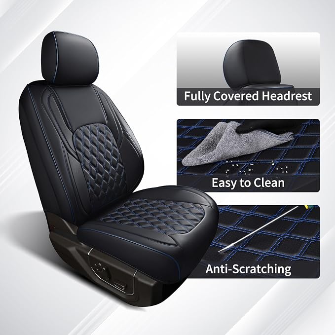 Huidasource 2018-2026 Wrangler JL Seat Covers 4 Door, with Rear Cupholder | Wrangler Leather Seat Covers Full Set, Waterproof Seat Cushion Covers Fit for Jeep Wrangler JL 4-Door (Full Set/Black&Blue) - Image 7