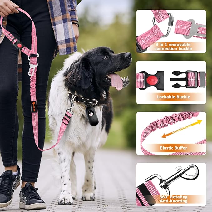 Laqibak Removable Dog Seat Belt Harness for Car, 3 in 1 Pet Seatbelt Leash | Retractable Headrest-Mounted,Restraint & Adjustable Reflective Bungee Dog Seatbelt Tether,Pink and Black - Image 5