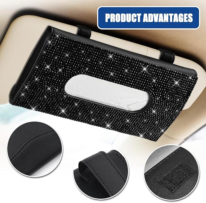 Bling Car Sun Visor Tissue Box Holder, Visor Accessories, Rhinestone PU Leather Crystal Sparkling Napkin Holder, Auto Sun Visor Paper Towel Cover Case Accessories for Most Cars (Black) - Image 3