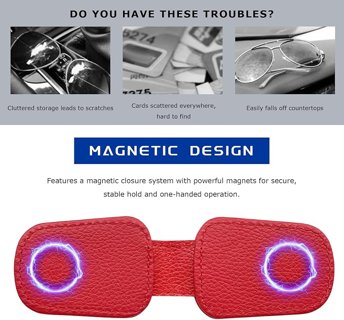 Sunglass Holder for Car, Magnetic Leather Glasses Holder Auto Ticket Card Clip, Sun Visor Eyeglass Hanger Interior Accessories for Sedan Truck SUV, Car Accessories (Red) - Image 5
