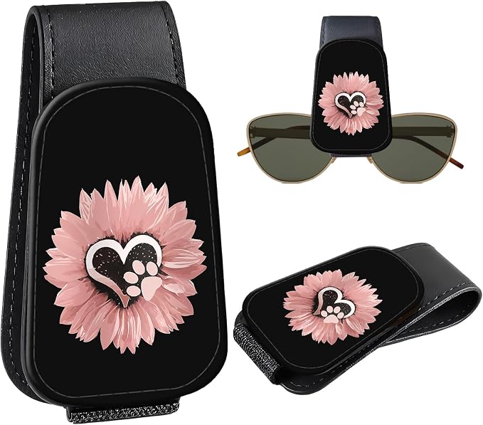 Leather Magnetic Sunglass Holder for Car Sun Visor, Cute Eyeglass Ticket Card Hanger Clip, Universal Auto Interior Accessories for SUV Pickup Truck, Sunflower Paw by Unknown