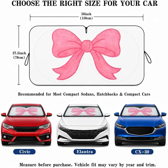 Car Windshield Sun Shade, Universal Fit Compact Sedan SUV, Watercolor Bow | 59 x 27.5" Car Sun Visor, Foldable Front Window Sunshade, UV Heat Protection, Girly Bow Series - Image 5