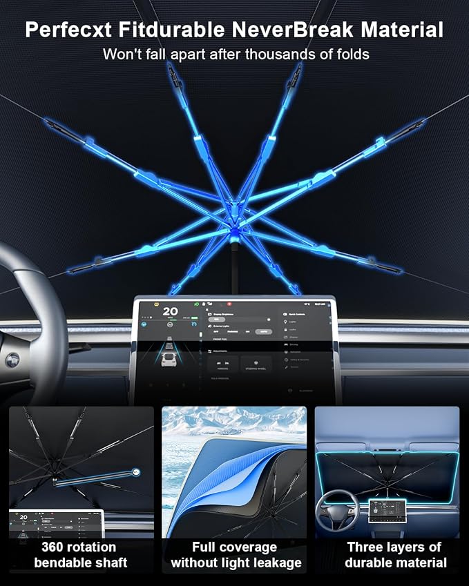 helloleiboo Car Windshield Sun Shade Umbrella 57" x 32", Windshield Sun Shade Foldable with 5-Layer Thickened Vinyl Coating Reflective Heat & UV Protection Fits Most Sedans & Compact SUVs - Image 3
