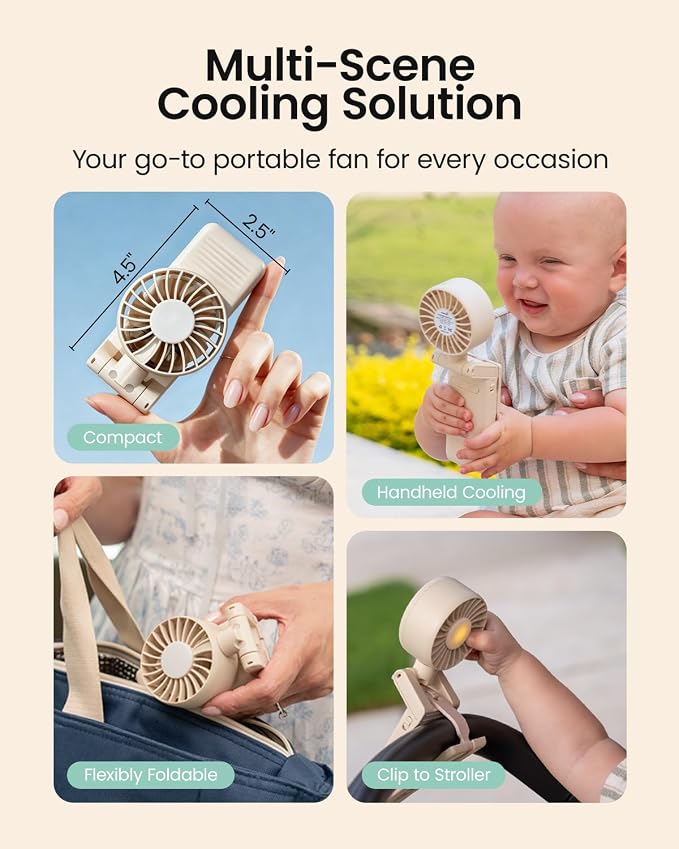 GROWNSY 4-in-1 Portable Baby Stroller Fan with Clip & Night Light, Beige | Foldable & Rechargeable, 4 Adjustable Wind Speed for Handheld/Car Seat/Carrier/Beach/Travel/Crib/Camping - Image 2