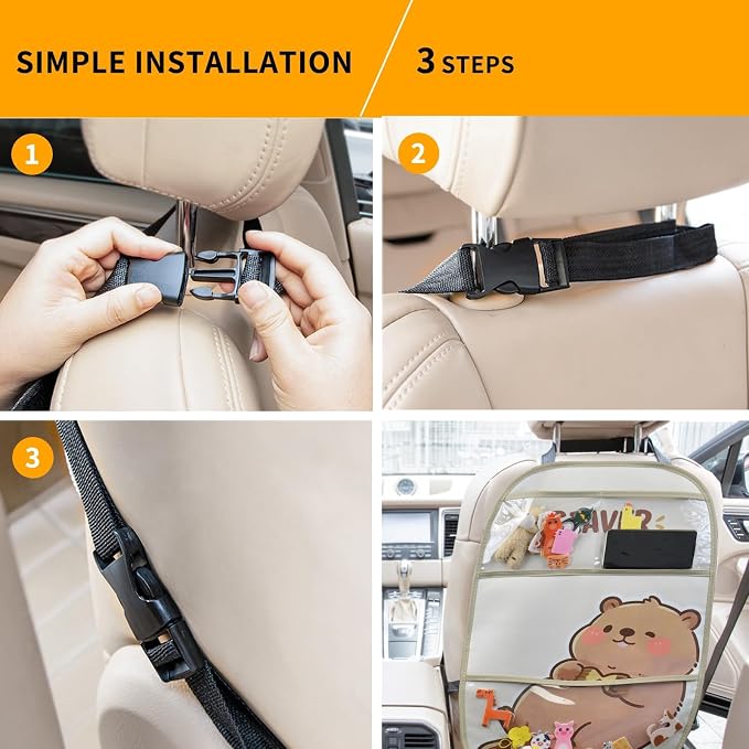 kids Leather Car Backseat Organizer with Foldable Table Tray, Car Storage Organizer with Tablet Holder, Car Seat Back Protectors Kick Mats, Travel Accessories (Beaver) - Image 6