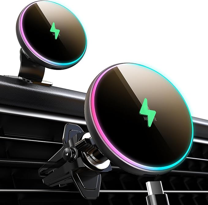 for Magsafe Car Mount Charger 15W LED RGB Car Phone Holder for Dash Vent | HandsFree Magnetic Wireless Car Charger Car Mount Fast Car Charger for iPhone 17 16 15/14/13/12 Series by MOKPR