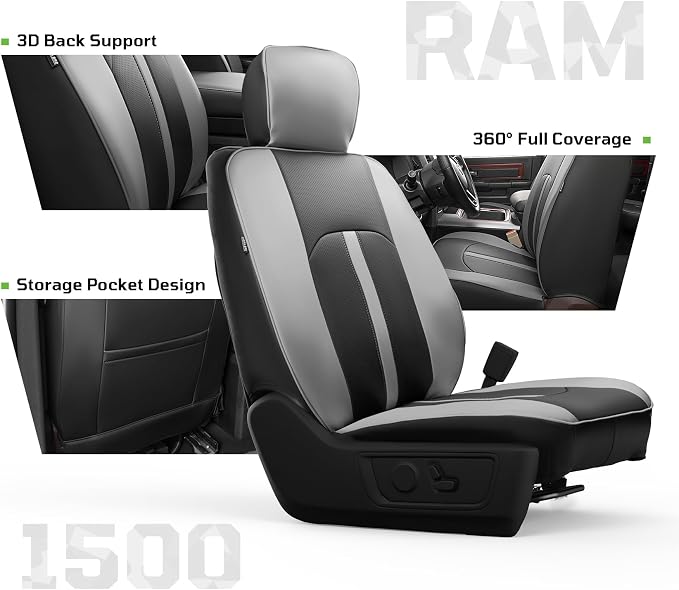 Seat Covers Custom Fit for Dodge 2009-2018 Ram 1500 Crew Cab,Black/Gray | Custom Fit Faux Leather Full Set,Waterproof & Wear-Resistant,Fits for 4th Gen Ram 1500 Big Horn/SLT/Lone Star,Easy to Clean - Image 3