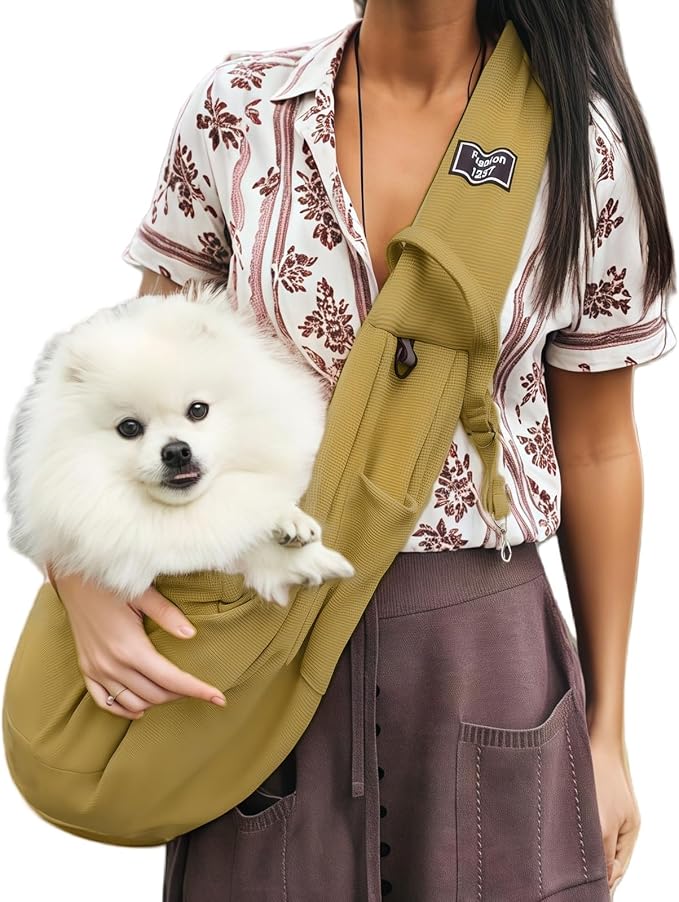 Dog Sling Carrier Soft Breathable for Small Dogs Cats 3-12 lb Khaki | Cat sling & dog carrier sling with safety tether, organizer pocket, soft fabric. Perfect for travel, hiking,outdoor by Unknown