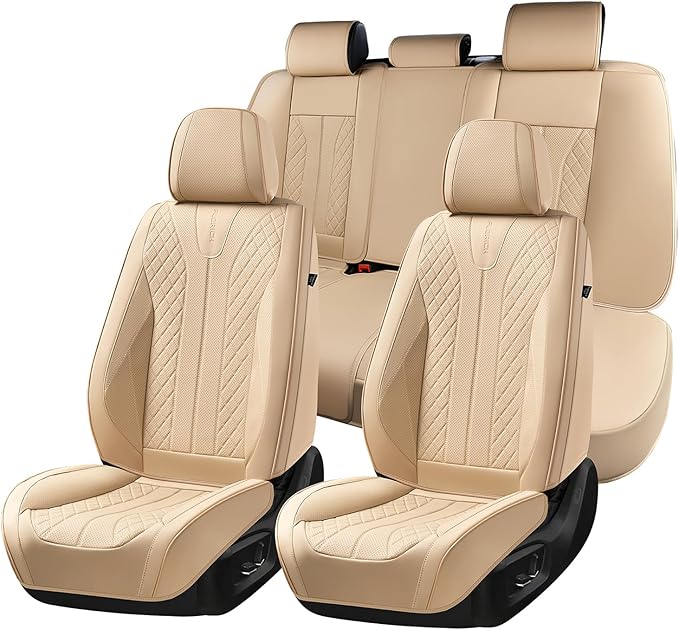 FLORICH Leather Seat Covers, Car Seat Cover Full Set Automotive Seat Covers Waterproof Car Seat Protectors 5 Seats Universal Seat Cover Fit for Most Cars SUV Trucks, Beige by FLORICH