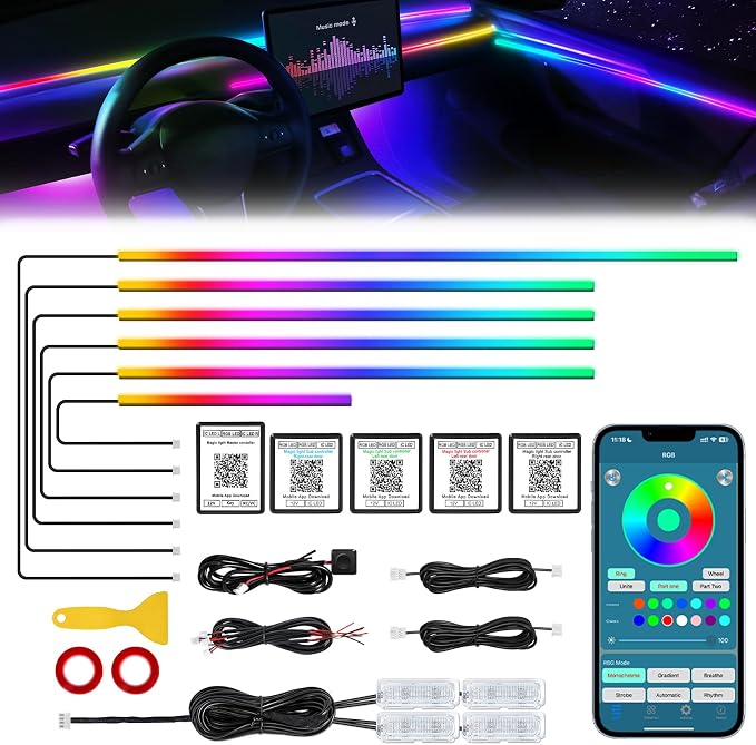 Dreamcolor Acrylic Interior Car LED Strip Light with Wireless APP, RGB 10 in 1 with 175 inches 612 LEDs Fiber Optic Strip Lights for Car, Dual Zone Symphony Neon Car Ambient Lighting by MAODANER