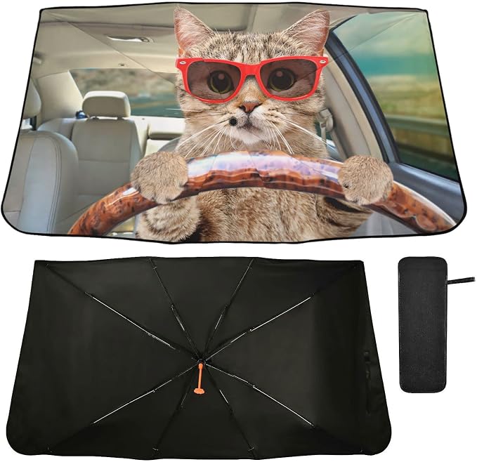 Fun Cute Cat Driving Windshield Sun Shade Umbrella Foldable Car Front Window Sunshade Blocks UV Rays Heat Keep Vehicle Cool (55" x 27.5") by Oarencol