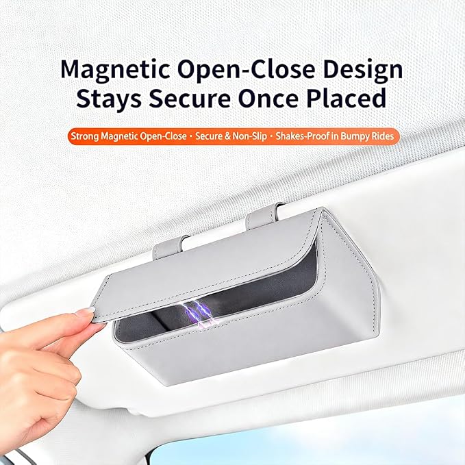 Magnetic Car Sunglasses Holder - Beige Nappa Visor Glasses Case | One-Handed Eyeglass Clip for Large Frames heat-resistant storage for aviators & cards,damage-free,vanity mirror friendly - Image 4