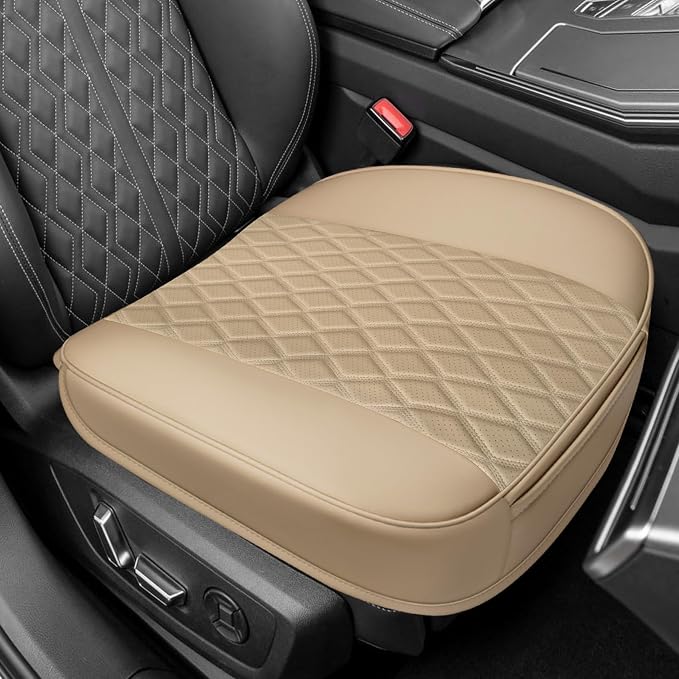 Leather Front Car Seat Covers, Car Bottom Seat Cover, Beige | Anti Slip Leather Auto Front Seat Cushion Cover with Storage Pocket, Waterproof Bottom Auto Seats Cushion Pad Mat for Cars by Unknown