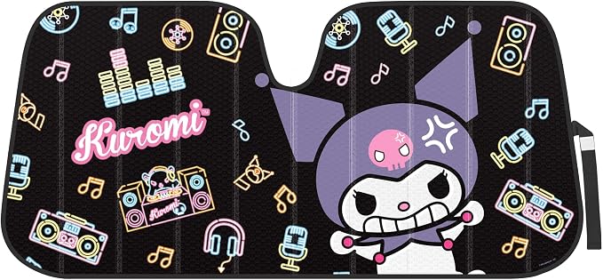 Carbella Kuromi Car Windshield Sun Shade, Official Sanrio Accordion Style Sunshade for Car Window, Cute Kawaii Car Sun Shade Windshield, Kuromi Car Accessories for Women (Neon Party) by Carbella