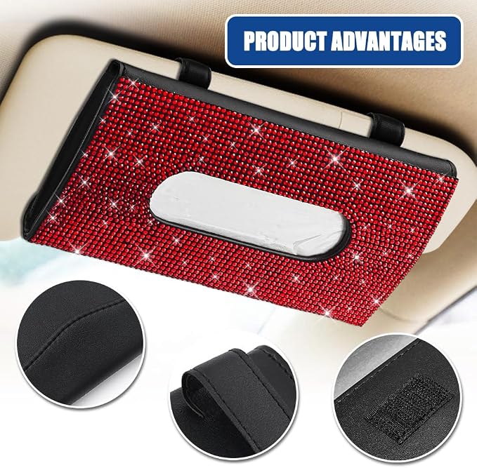 Bling Car Sun Visor Tissue Box Holder, Visor Accessories, Rhinestone PU Leather Crystal Sparkling Napkin Holder, Auto Sun Visor Paper Towel Cover Case Accessories for Most Cars (Red) - Image 3