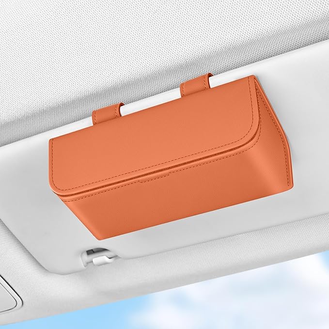 Magnetic Sunglasses Holder for Car Visor, PU Leather Clip, Orange | Soft Inner Lining, One-Handed Access, Holds Eyeglasses, Parking Tickets and Receipts, For Cars, SUVs and Trucks, 1 Pack by HALOYiVGO
