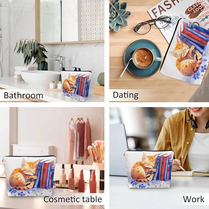 Cat Cosmetic Travel Bag For Toiletries, Funny Cat Kitten Sleep Floral Library Bookshelf Makeup Bag Toiletry Bags For Women, Flax Cosmetic Bags Make Up Bag Purse Toiletries Bag Birthday Gift - Image 6