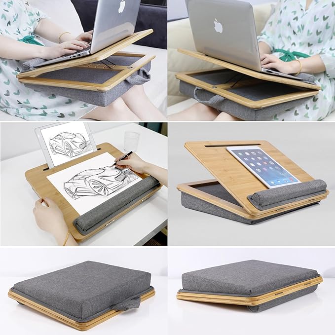 Adjustable Lap Desk for Laptop with Cushion Tablet Phone Holder | Bamboo Laptop Stand with Anti-Slip Strip, Handle Fits up to 15.6 inch or 14 inch with Mouse Space - Image 6