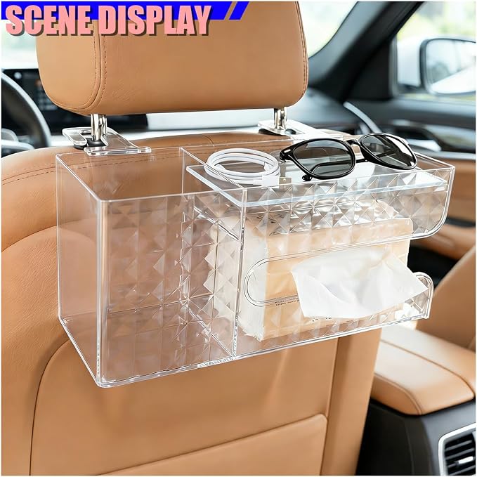 Car Back Seat Organizer, Automotive Drink Cup Holder with Hooks, Multifunctional Tissue Storage Box with Phone Holder, Vehicle Interior Organizer Accessories for Sedan, SUV, Truck (Clear) - Image 6