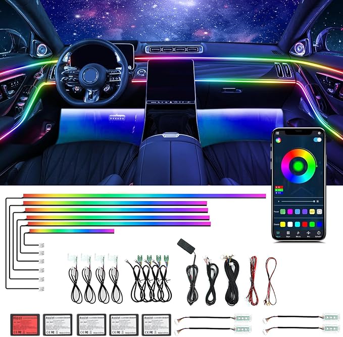 Dream Color Acrylic Interior Car Ambient Light Kit, Bphuny 18 in 1 593 LEDs Fiber Optic Multiple Modes Decoration Atmosphere Lights with Music Dynamic Rainbow Rhythm, RGB Neon Lights for All Cars by Bphuny