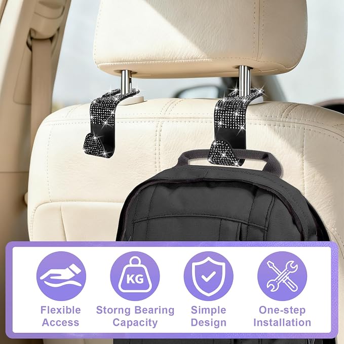 BFXM 6 Pack Car Seat Headrest Hooks,Car Accessories Bling Black | Back Seat Purse Hanger Holder Hook, Universal Storage Organizer for Handbag Grocery Bags Coats - Image 6