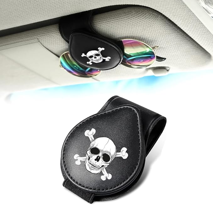 Sunglass Holder for Car Visor, for Anime Skull Skeleton Magnet Sunglasses Holder for car, Cartoon Leather Car Sunglass Holder, Visor Sunglass Holder with Glasses Cards by FLYEEGO