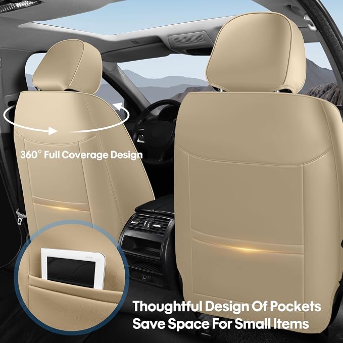 AOOG Car Seat Covers Custom Fit for Ford F150 2009-2026, Faux Leather Seat Cover Set for 2017-2026 F250 F350 F450, Accomodating Regular Cab Super Cab Super Crew Pickup Truck Cushions(Beige, Full Set) - Image 2