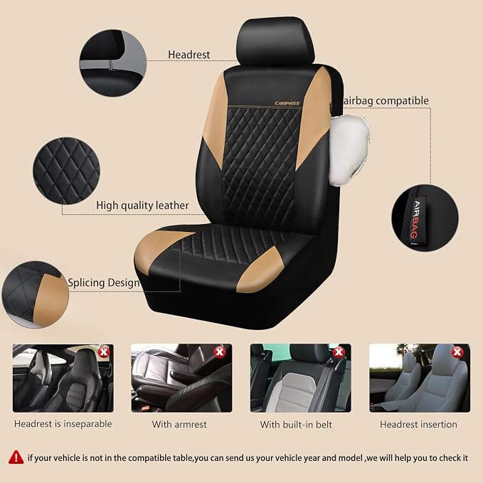 CAR PASS Quilting Leather Front Seat Covers, Automotive Waterproof Deluxe PU Premium Vinyl Luxury Two Front Seats Only Universal Fit for Cars Sedans SUVs Airbag Compatible,2 Pieces,Black&Beige - Image 4
