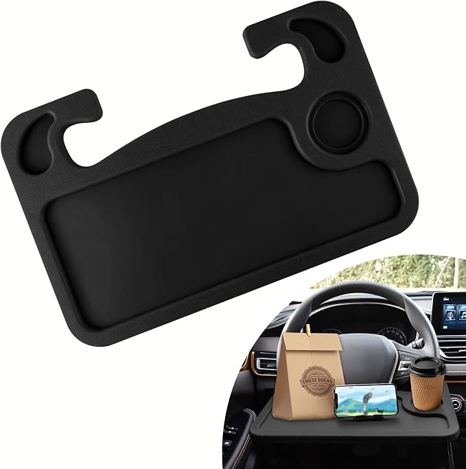 Car Steering Wheel Desk, Portable Car Tray, Durable Multi-Functional Travel Workstation with Cup Holder, Car Essentials Portable Laptop Tray & Eating Table for Most Vehicles Road Trip (Black) by Unknown