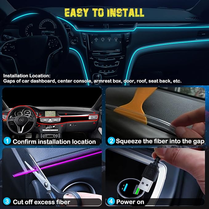 Jushope Interior Car LED Strip Lights, RGB USB Car Ambient Lighting with Wireless APP & Remote Control, Car Accessories Fiber Optifc Lights Sync to Music (5 LED/276 inches) - Image 5
