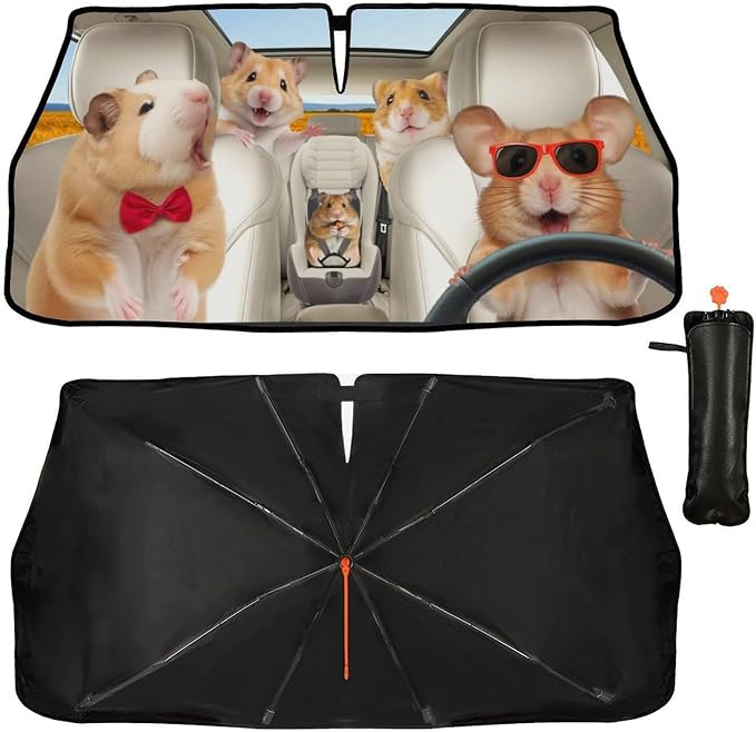 CHILLTEK Funny Animal Car Windshield Sun Shade, Cute Hamster Car Sun Shade, Block UV Rays Heat Foldable Windshield Umbrella Sun Visor Protector - Keep Vehicle Cool for Cars SUV - Image 2