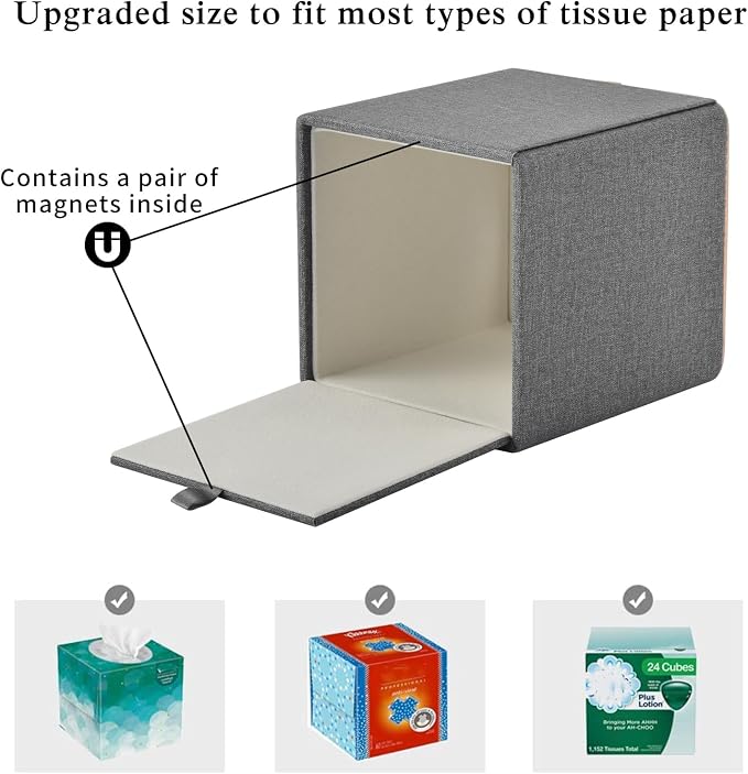 Linen Square Tissue Box Holder Cube Tissue Box Cover－Rosegold Leather Recorate,Napkin Holder Case Dispenser, Tissue Holders with Magnetic Bottom for Home Office Car Hotel Restaurant,Grey - Image 5