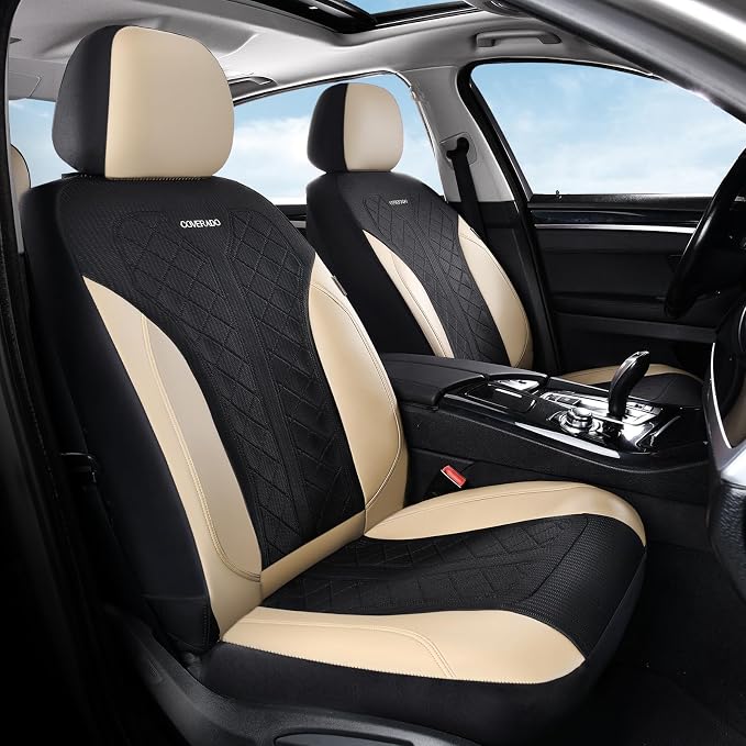 Coverado Seat Covers Full Set, Beige Car Seat Covers, PU Leather & Breathable Mesh Seat Protectors, 5-Piece Automotive Seat Covers, Universal Fit for SUVs, Trucks, Sedans - Image 2