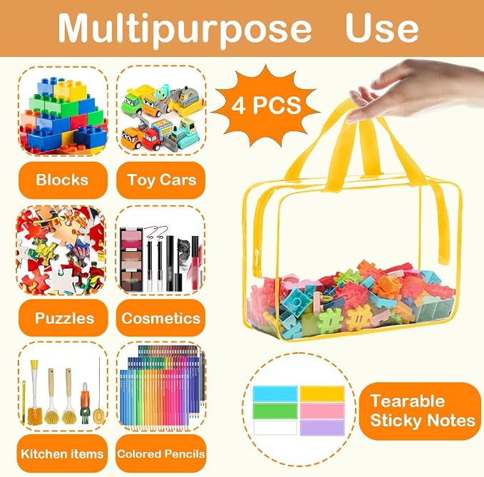 20 Packs Extra Large Toy Storage Bags with Zipper, Clear Toy Organizer Bag | with Labels for Blocks, Reusable 11.8″×8.6″×3.9″ PVC Travel Waterproof Organizer Bags for Puzzles, 5 Colors - Image 3