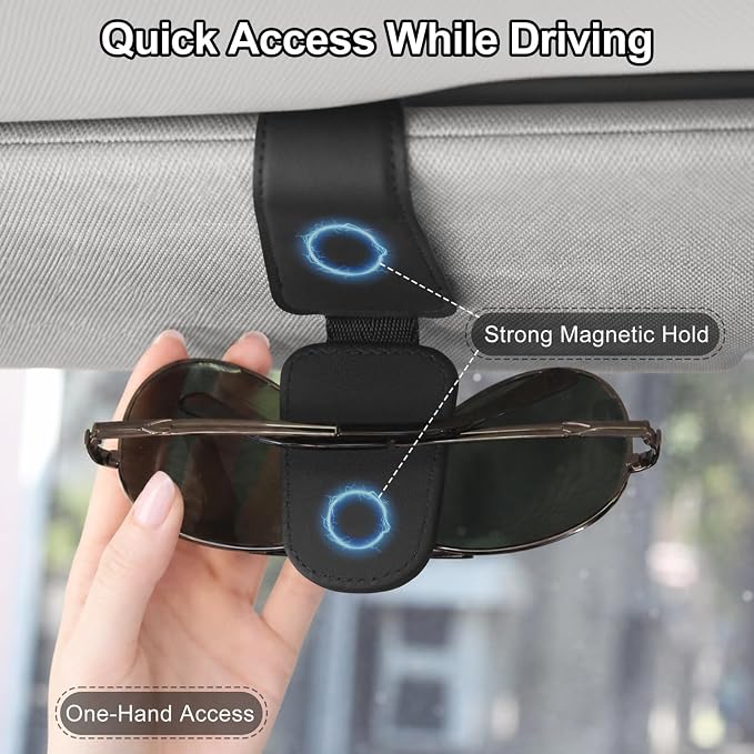 Magnetic Leather Sunglass Holder for Car, Eyeglasses Clip for Visor(Black) | Fits Different Size Eyeglasses, Securely Clips Sunglasses on Car Visor, Car Interior Accessories - Image 3
